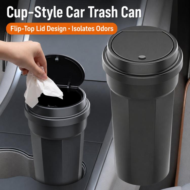 Car trash cans with flip-top lids, two black cylindrical bins with open lids shown