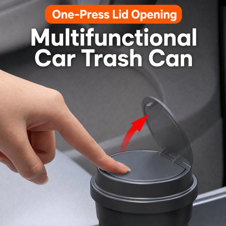 Car trash can with one-press lid, black bin with clear-lid opening mechanism