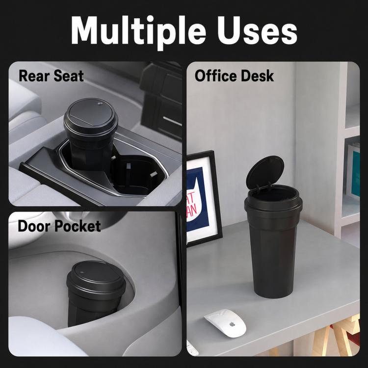Car trash can with lid, black compact bin shown in vehicle and desk settings