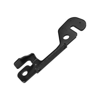 Black scooter swing arm bracket with mounting holes and curved end piece.