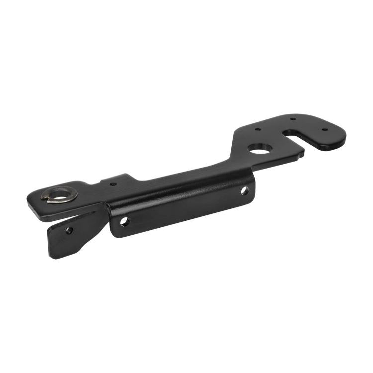 Black scooter swing arm bracket bar with circular mounting hole and tab.