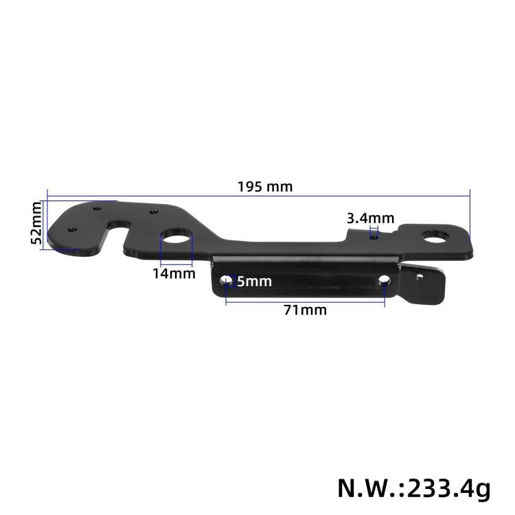 Black scooter swing arm bracket with dimension labels: 195mm and 71mm.