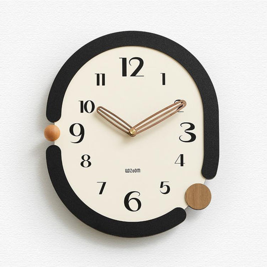 Retro oval wall clock, black frame with beige 3D metal hands and brown hour markers