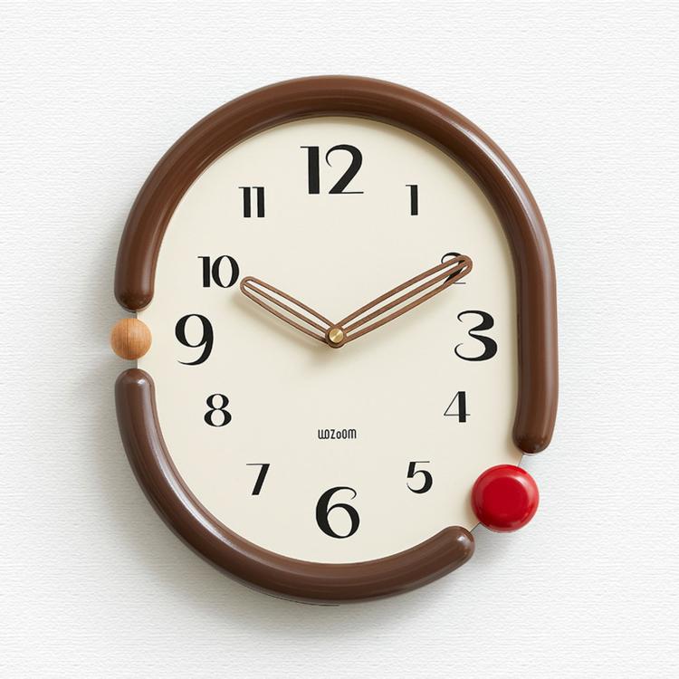 Retro oval wall clock, brown frame with beige 3D metal hands and red side knob