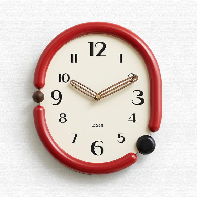 Retro oval wall clock, red frame with beige 3D metal hands and black/red side knobs