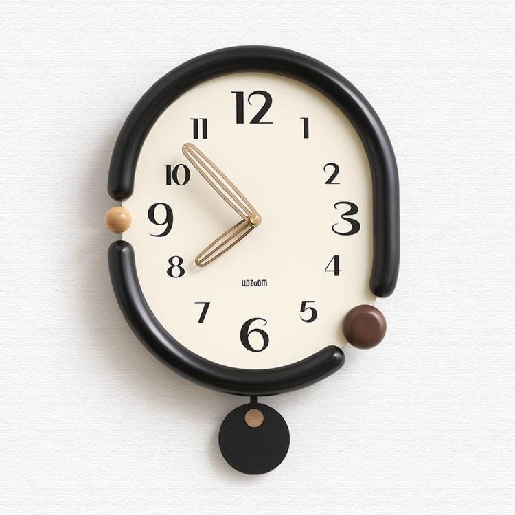 Retro oval wall clock, black frame with beige 3D hands and round dangling tag