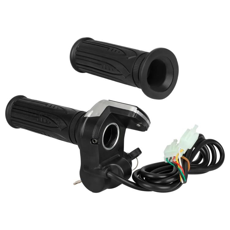 Black twist throttle grip assembly with metal mounting bracket and cable connectors