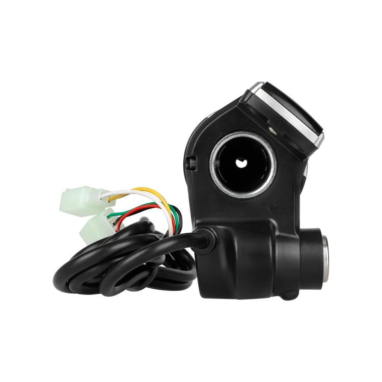 Black twist throttle grip assembly with circular port, wiring, and connector plug