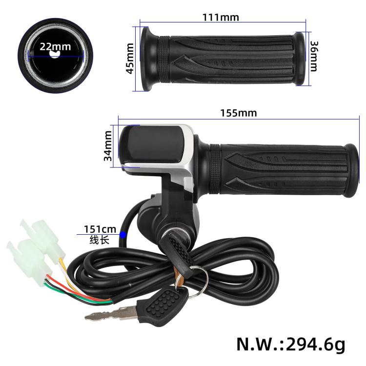Twist throttle grip assembly showing size dimensions and wiring diagram