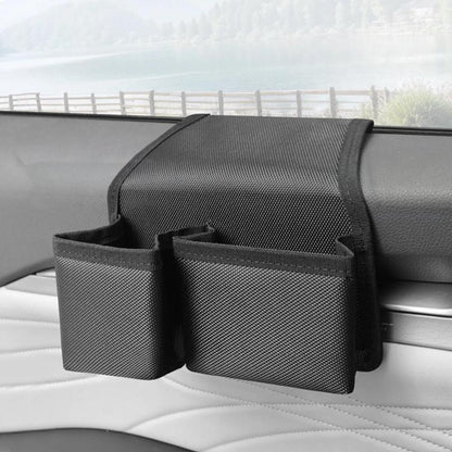 Car window storage organizer with two fabric side pockets, black