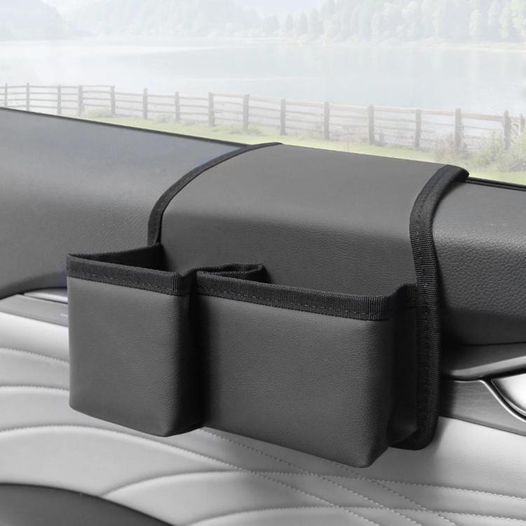 Car window storage organizer with two side compartments, dark gray/black