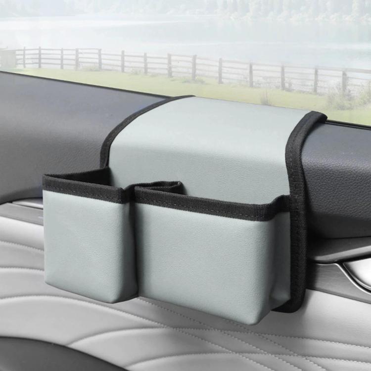 Car window storage organizer with two side pockets, light gray
