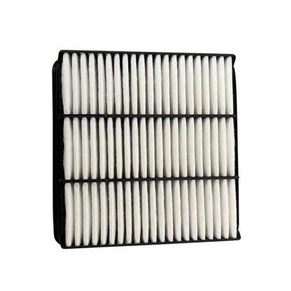 Car air filter with white pleated media in a black rectangular frame