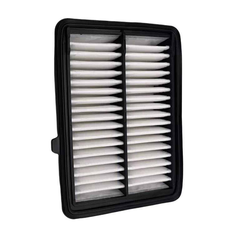Panel air filter with pleated white paper media in a black plastic frame