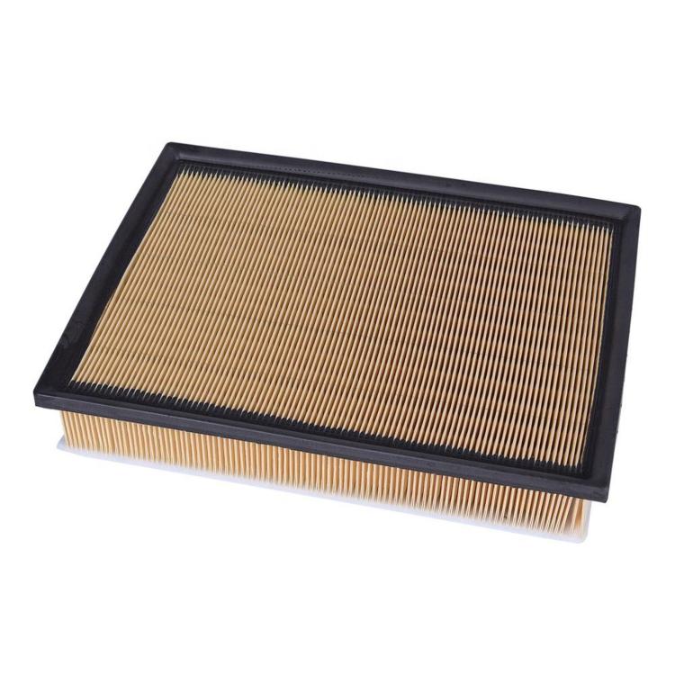 Car air filter panel with pleated paper inside black plastic border.