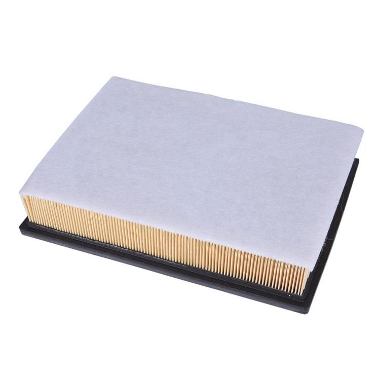 Car air filter with pleated paper and gray top cover on black frame.
