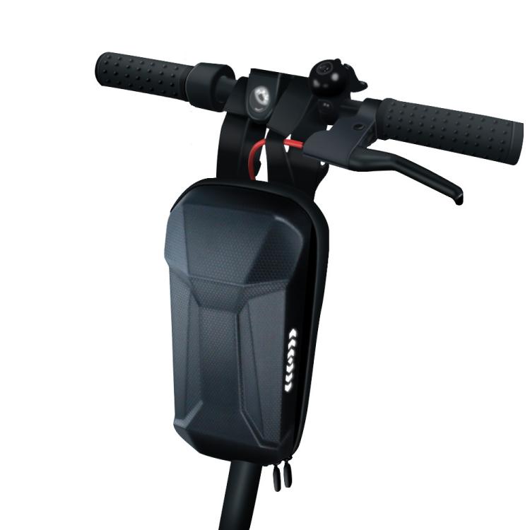 Waterproof EVA hard-shell front handlebar storage bag, black, mounted on scooter