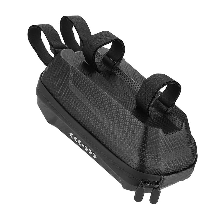 Waterproof EVA hard-shell handlebar bag, dark textured surface, multiple securing straps