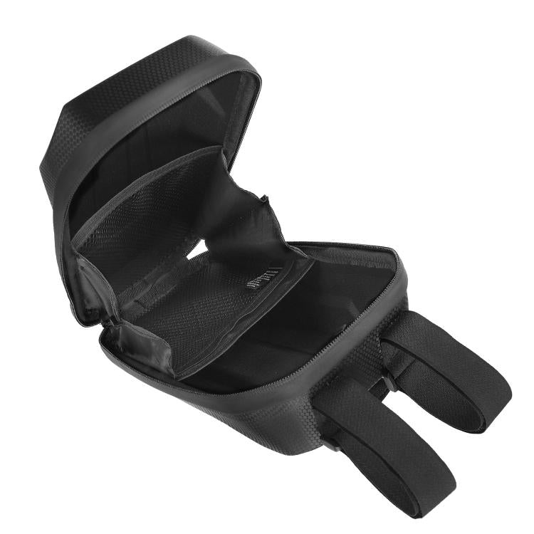 Waterproof EVA hard-shell handlebar bag, black, open view with padded interior
