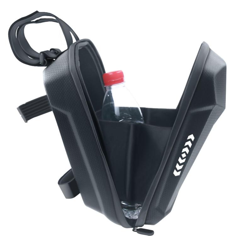 Waterproof EVA hard-shell handlebar bag, black, open storage holding a water bottle