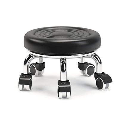 Low rolling stool with wheels, black round cushioned seat with ripple texture