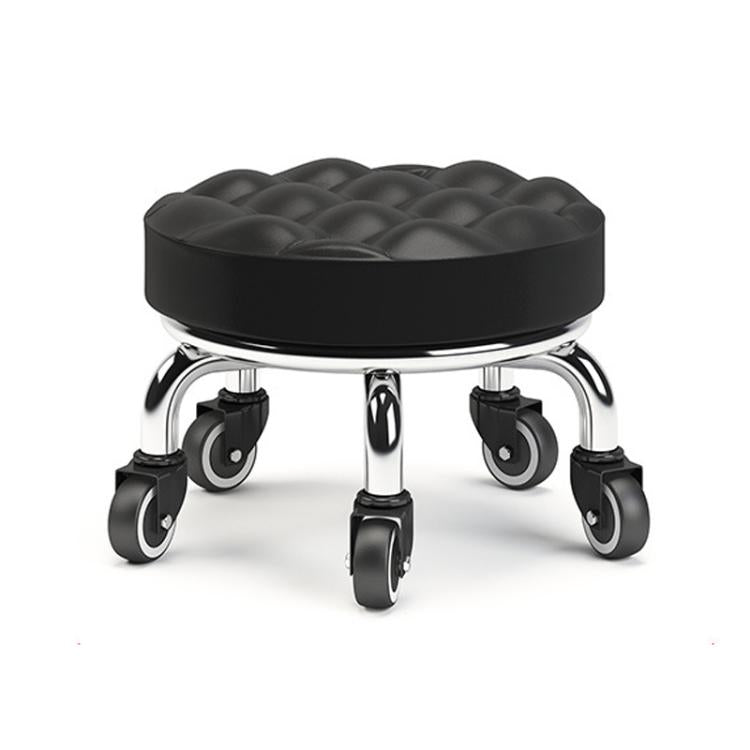 Low rolling stool with wheels, black cushioned seat with quilted ridges