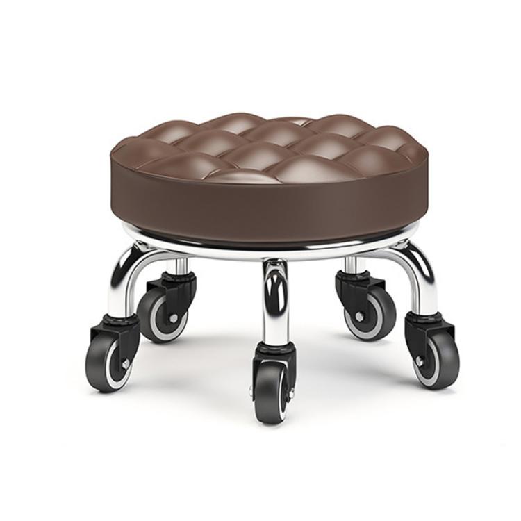 Low rolling stool with wheels, brown cushioned seat with quilted ridges