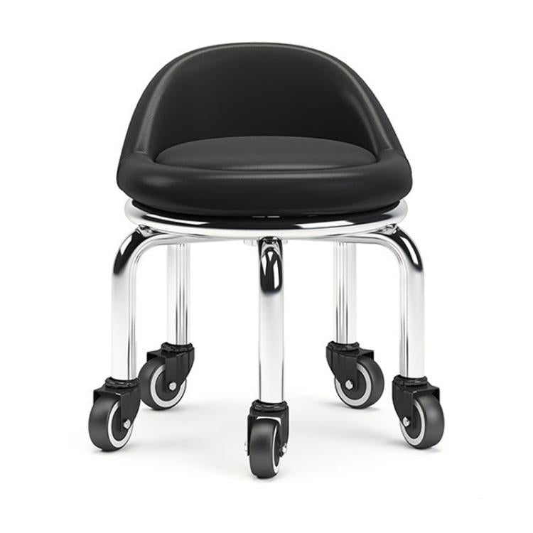 Low rolling stool with wheels, black padded seat on chrome base with caster wheels