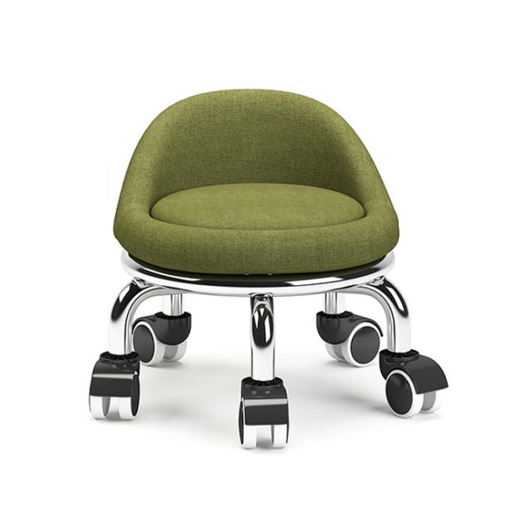 Low rolling stool with wheels, olive green upholstered seat with caster wheels