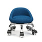 Low rolling stool with wheels, blue upholstered seat on caster wheels