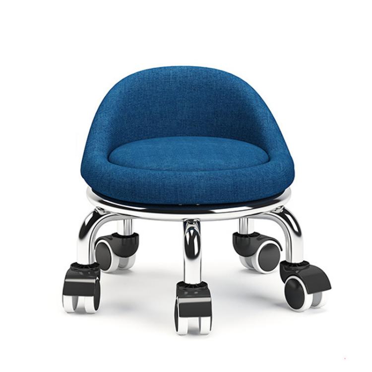 Low rolling stool with wheels, blue upholstered seat on caster wheels