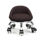 Low rolling stool with wheels, dark brown upholstered seat with caster wheels