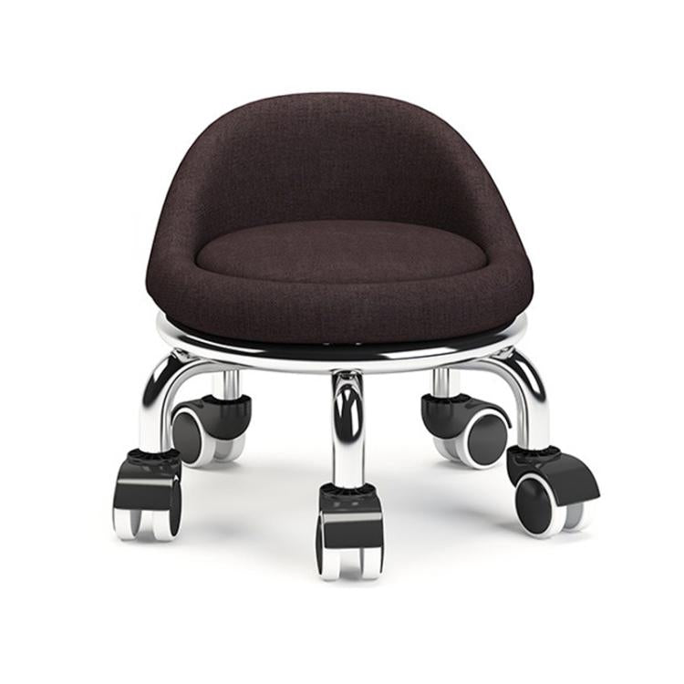 Low rolling stool with wheels, dark brown upholstered seat with caster wheels