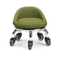 Low rolling stool with wheels, green upholstered seat and chrome base with caster wheels