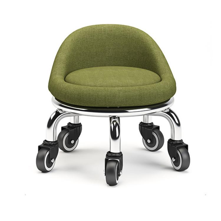 Low rolling stool with wheels, green upholstered seat and chrome base with caster wheels