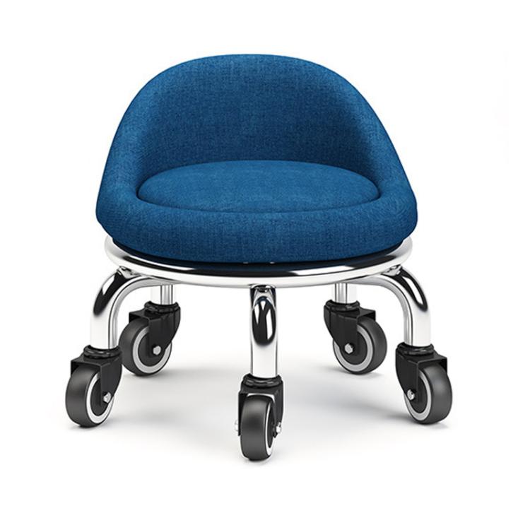 Low rolling stool with wheels, blue upholstered seat and chrome base with caster wheels