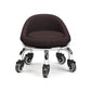 Low rolling stool with wheels, dark brown upholstered seat and chrome base with caster wheels