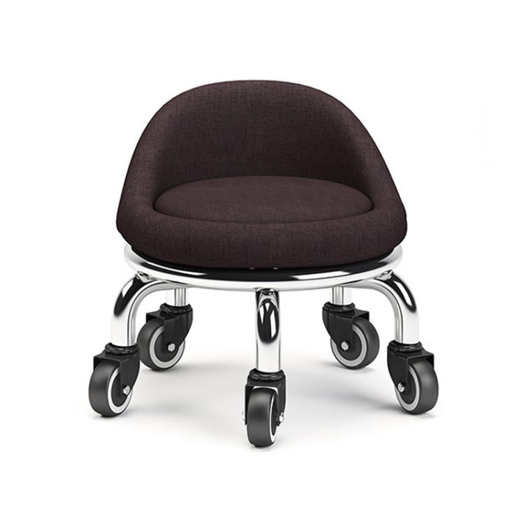 Low rolling stool with wheels, dark brown upholstered seat and chrome base with caster wheels