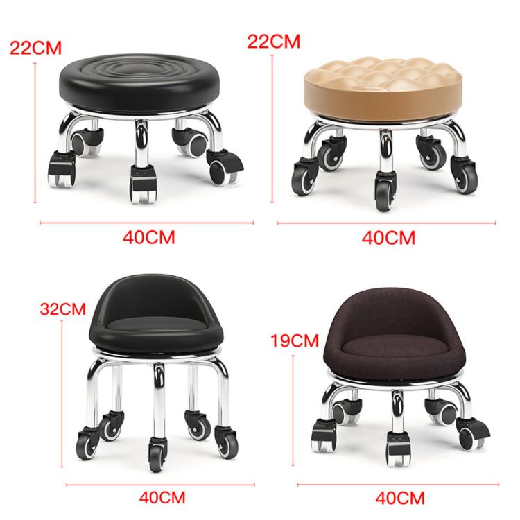 Rolling stool size chart showing multiple seat colors with 22cm and 19cm caster bases