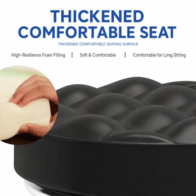 Low rolling stool with wheels featuring thick cushioned black seat padding and texture