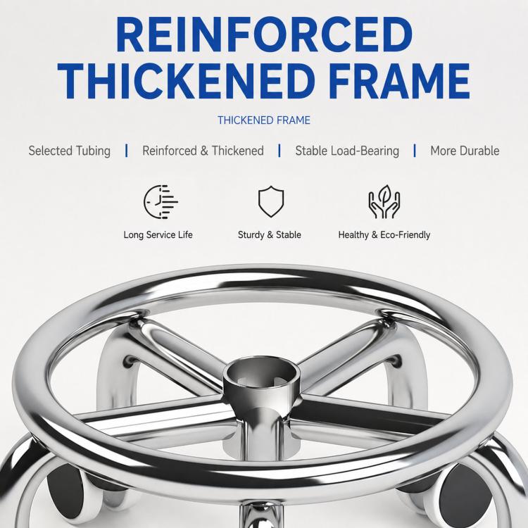 Low rolling stool with wheels, reinforced chrome frame with swivel caster support