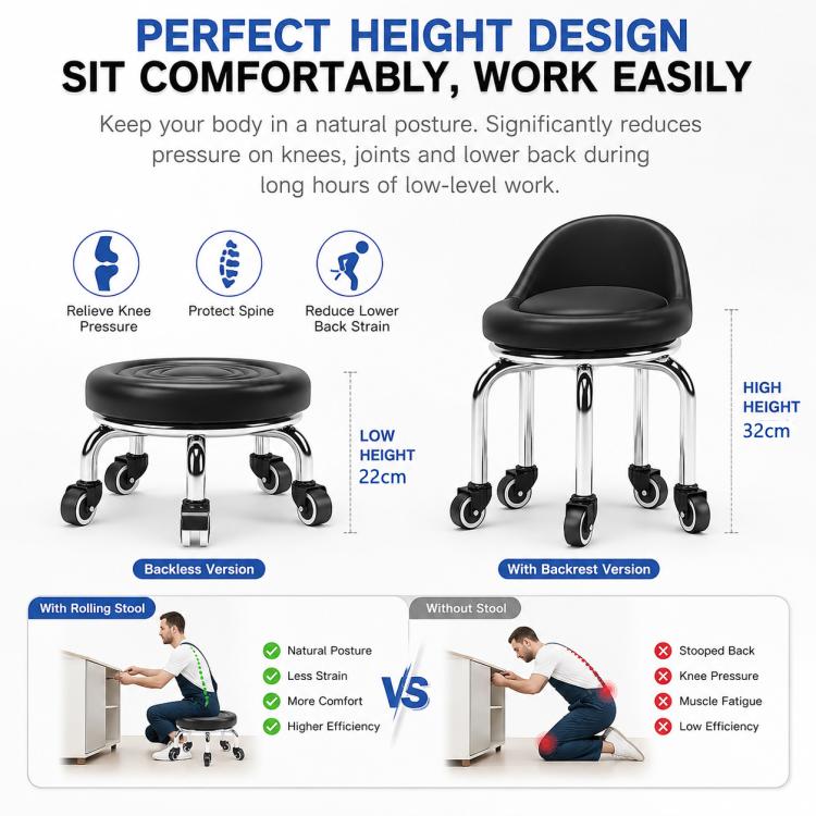 Low rolling stool with wheels, compact height design with black seat and caster base