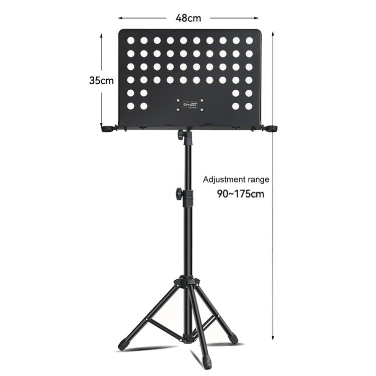 Adjustable black perforated music stand with circular hole board and folding tripod base