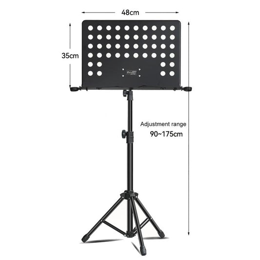Adjustable black perforated music stand with circular hole board and folding tripod base