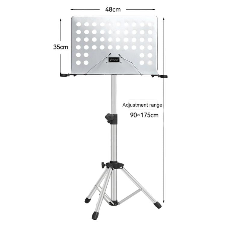 Adjustable white perforated music stand with circular hole board and silver tripod base