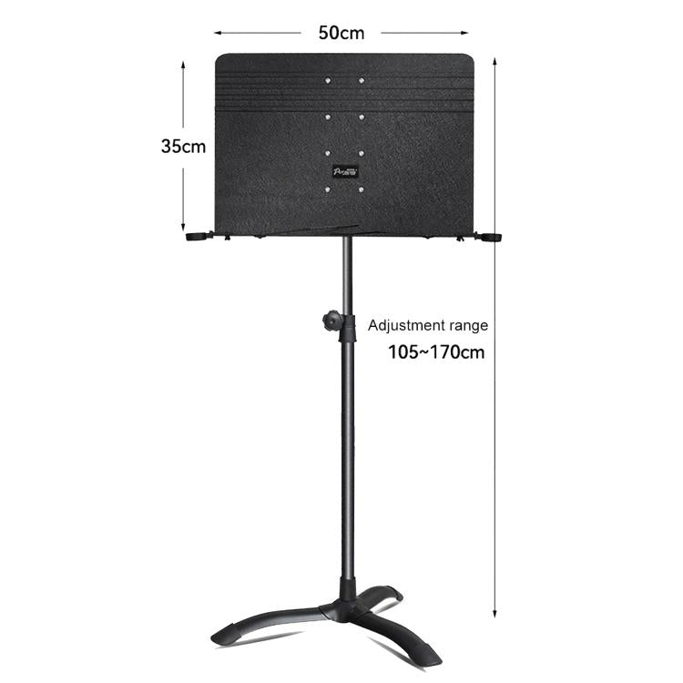 Black portable folding music stand with solid rectangular board and three-leg tripod base