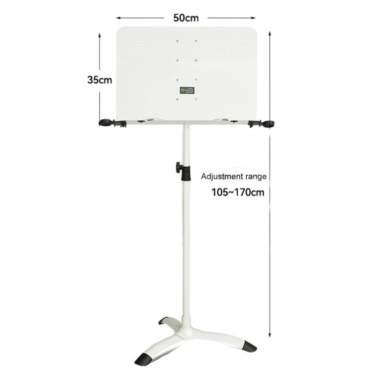White portable folding music stand with solid rectangular board and three-leg tripod base