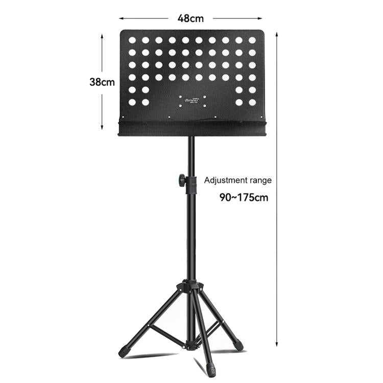 Black perforated music stand with circular hole panel and adjustable tripod legs