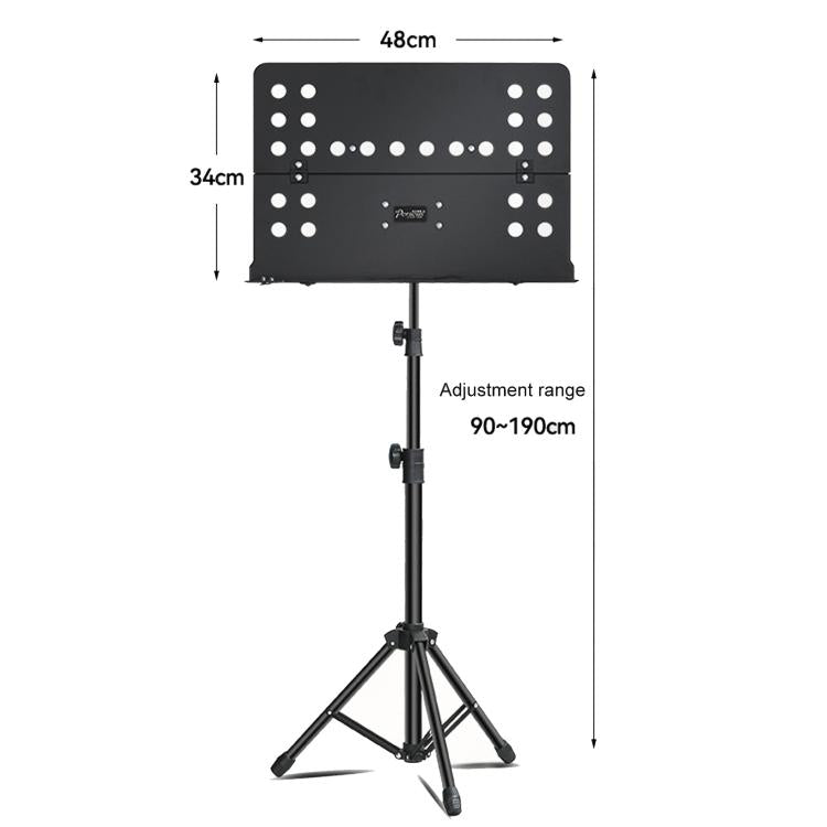 Black perforated music stand with circular hole panel and folding tripod legs