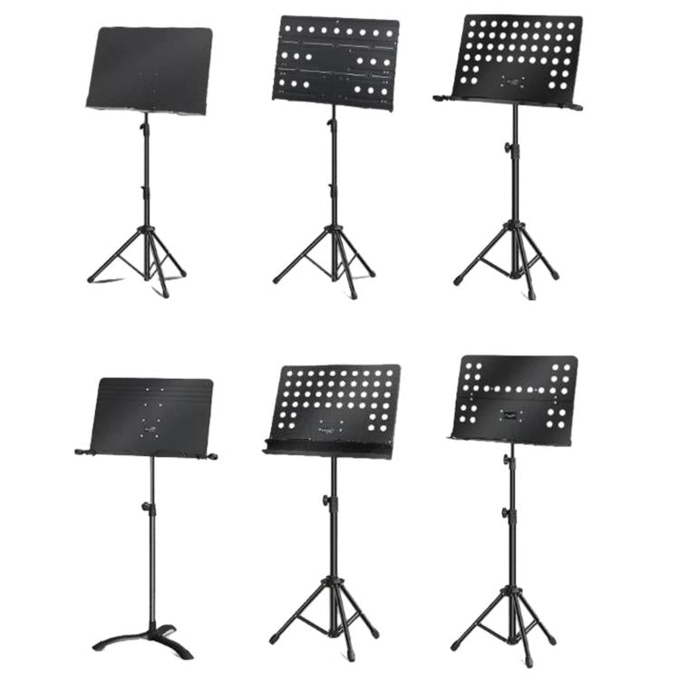 Assorted portable folding music stands in black and white with solid and perforated boards